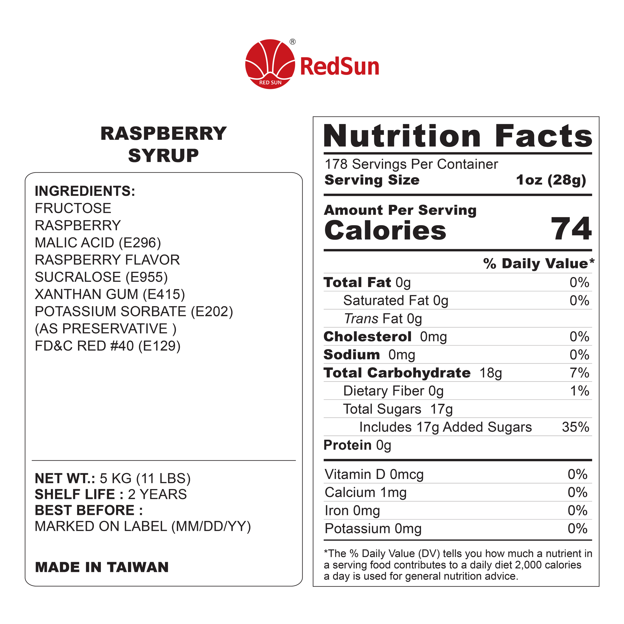 Raspberry Syrup 5KG (11LBS) (Bottle)
