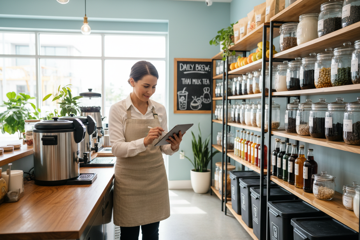 boba tea shop owner checking inventory